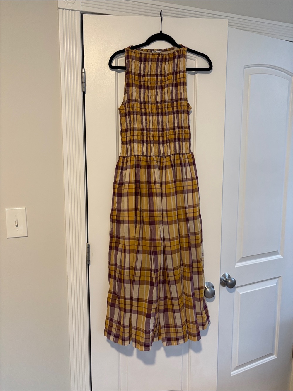 NWT Madewell Plaid Smocked Tube Dress in Mustard and Plum